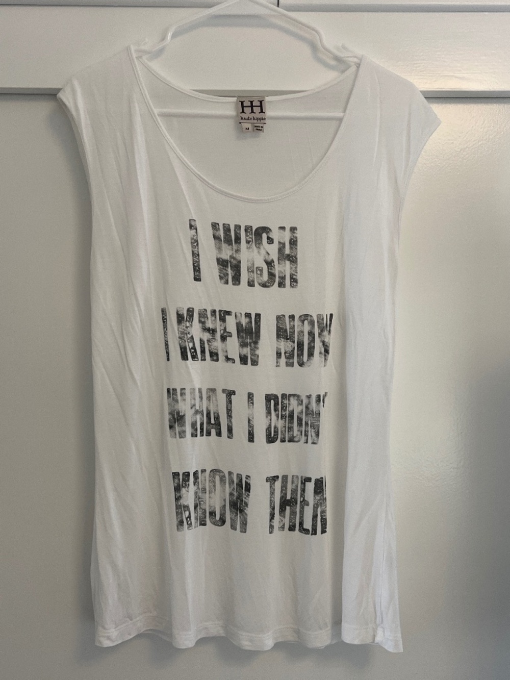 Haute Hippie I Wish I Knew Distressed Graphic Quote Muscle Tank Top M